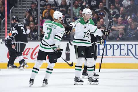 LOS ANGELES, CA – APRIL 7: John Klingberg #3 and Esa Lindell #23 of the Dallas Stars celebrate after scoring a goal against the Los Angeles Kings at STAPLES Center on April 7, 2018 in Los Angeles, California. (Photo by Adam Pantozzi/NHLI via Getty Images)