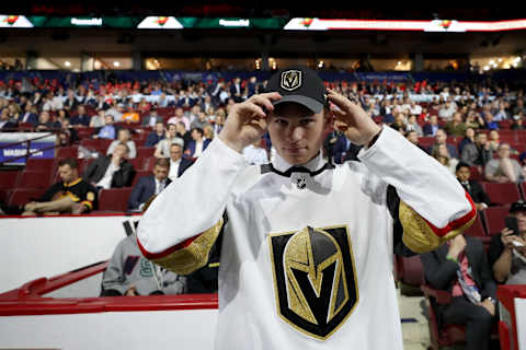 Kaedan Korczak reacts after being selected 41st overall by the Vegas Golden Knights during the 2019 NHL Draft at Rogers Arena on June 22, 2019.