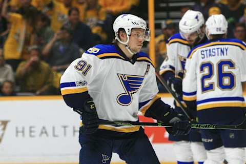 NASHVILLE, TN – MAY 07: St. Louis Blues right wing Vladimir Tarasenko (91) is shown during Game Six of Round Two of the Stanley Cup Playoffs between the Nashville Predators and the St. Louis Blues, held on May 7, 2017, at Bridgestone Arena in Nashville, Tennessee. (Photo by Danny Murphy/Icon Sportswire via Getty Images)