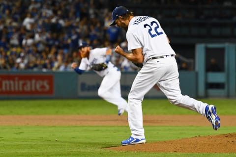 LOS ANGELES, CA – OCTOBER 05: Los Angeles Dodgers pitcher Clayton Kershaw (22) reacts to getting out of a first inning jam during Game 2 of the 2018 National League Division Series between the Atlanta Braves and the Los Angeles Dodgers on October 5, 2018 at Dodger Stadium in Los Angeles, CA.