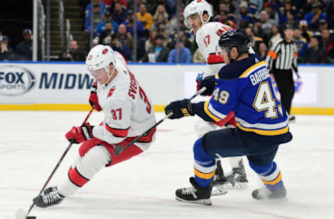 ST. LOUIS, MO- FEBRUARY 04: Carolina Hurricanes rightwing Andrei Svechnikov (37) skates with the puck with defensive pressure from St. Louis Blues center Ivan Barbashev (49) during an NHL game between the Carolina Hurricanes and the St. Louis Blues, on February 04, 2020, at Enterprise Center, St. Louis, MO. Photo by Keith Gillett/Icon Sportswire via Getty Images)