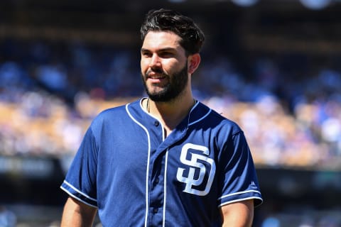 LOS ANGELES, CA – SEPTEMBER 23: San Diego Padres first baseman Eric Hossmer (30) looks on during a MLB game between the San Diego Padres and the Los Angeles Dodgers on September 23, 2018 at Dodger Stadium in Los Angeles, CA. (Photo by Brian Rothmuller/Icon Sportswire via Getty Images)