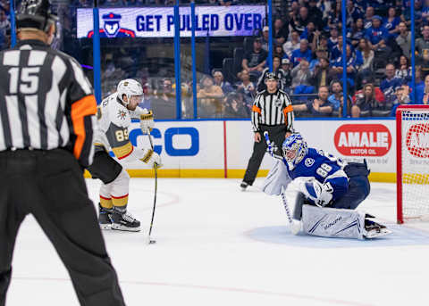 TAMPA, FL – FEBRUARY 05: Vegas Golden Knights right wing Alex Tuch (89) scores the game winning point in the shootout with the Tampa Bay Lightning during the NHL Hockey match between the Tampa Bay Lightning and Vegas Golden Nights on February 05, 2019, at Amalie Arena in Tampa, FL. (Photo by Andrew Bershaw/Icon Sportswire via Getty Images)