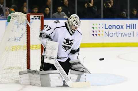 NHL Power Rankings: Los Angeles Kings goaltender Jeff Zatkoff (37) makes a save against the New York Rangers during the second period at Madison Square Garden. Mandatory Credit: Andy Marlin-USA TODAY Sports