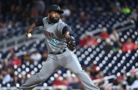 May 2, 2017; Washington, DC, USA; Arizona Diamondbacks relief pitcher Fernando Rodney (56) throws to the Washington Nationals during the ninth inning at Nationals Park. Mandatory Credit: Brad Mills-USA TODAY Sports