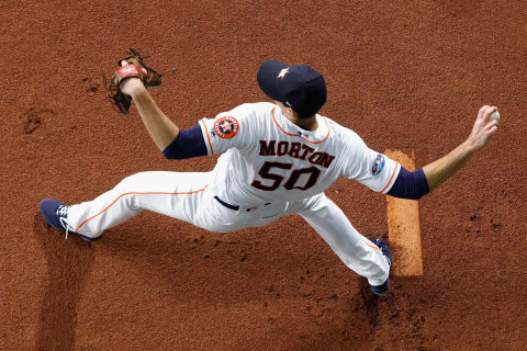 HOUSTON, TX – OCTOBER 17: Charlie Morton #50 of the Houston Astros throws in the bullpen before Game Four of the American League Championship Series against the Boston Red Sox at Minute Maid Park on October 17, 2018 in Houston, Texas. (Photo by Tim Warner/Getty Images)