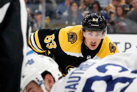 BOSTON, MA – OCTOBER 22: Boston Bruins left wing Brad Marchand (63) eyes a face off during a game between the Boston Bruins and the Toronto Maple Leafs on October 22, 2019, at TD Garden in Boston, Massachusetts. (Photo by Fred Kfoury III/Icon Sportswire via Getty Images)