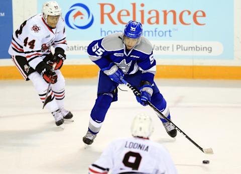 ST CATHARINES, ON – OCTOBER 4: Quinton Byfield #55 of the Sudbury Wolves skates with the puck during the second period of an OHL game against the Niagara IceDogs at Meridian Centre on October 4, 2018 in St Catharines, Canada. (Photo by Vaughn Ridley/Getty Images)