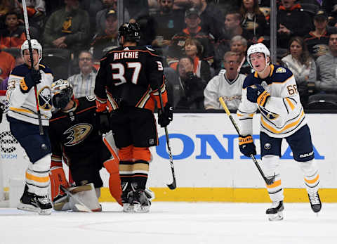 ANAHEIM, CALIFORNIA – OCTOBER 16: Victor Olofsson #68 of the Buffalo Sabres reacts to his power-play goal, to take a 2-0 lead over the Anaheim Ducks, during the first period at Honda Center on October 16, 2019, in Anaheim, California. (Photo by Harry How/Getty Images)