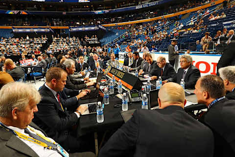 A general view of the draft table for the Anaheim Ducks (Photo by Bruce Bennett/Getty Images)