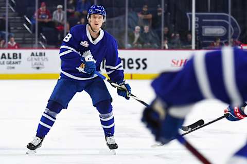 LAVAL, QC – NOVEMBER 13: Look on Toronto Marlies defenceman Rasmus Sandin (8) during the Toronto Marlies versus the Laval Rocket game on November 13, 2018, at Place Bell in Laval, QC (Photo by David Kirouac/Icon Sportswire via Getty Images)