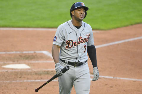 Aug 15, 2022; Cleveland, Ohio, USA; Detroit Tigers second baseman Jonathan Schoop (7) reacts after striking out in the fourth inning against the Cleveland Guardians at Progressive Field. Mandatory Credit: David Richard-USA TODAY Sports