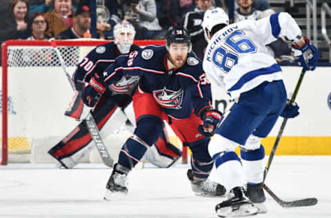 COLUMBUS, OH – DECEMBER 31: David Savard #58 of the Columbus Blue Jackets skates against the Tampa Bay Lightning on December 31, 2017 at Nationwide Arena in Columbus, Ohio. (Photo by Jamie Sabau/NHLI via Getty Images)