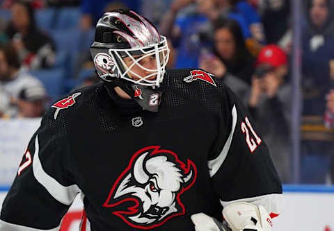 BUFFALO, NY – APRIL 13: Devon Levi #27 of the Buffalo Sabres before the game against the Ottawa Senators at KeyBank Center on April 13, 2023 in Buffalo, New York. (Photo by Kevin Hoffman/Getty Images)