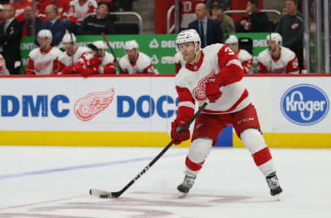 DETROIT, MI – OCTOBER 22: Detroit Red Wings defenseman Nick Jensen (3) skates with the puck during a regular season NHL hockey game between the Carolina Hurricanes and the Detroit Red Wings on October 22, 2018, at Little Caesars Arena in Detroit, Michigan. (Photo by Scott Grau/Icon Sportswire via Getty Images)