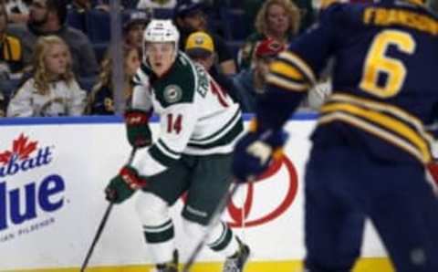 Oct 27, 2016; Buffalo, NY, USA; Minnesota Wild center Joel Eriksson Ek (14) looks to make a pass during the first period against Buffalo Sabres at KeyBank Center. Mandatory Credit: Timothy T. Ludwig-USA TODAY Sports