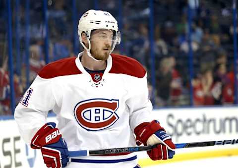 Dec 28, 2016; Tampa, FL, USA; Montreal Canadiens left wing Paul Byron (41) works out prior to the game against the Tampa Bay Lightning at Amalie Arena. Mandatory Credit: Kim Klement-USA TODAY Sports