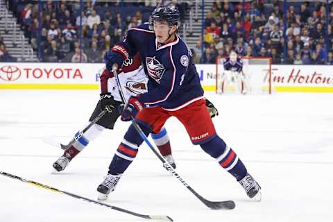 Nov 21, 2016; Columbus, OH, USA; Columbus Blue Jackets defenseman Zach Werenski (8) against the Colorado Avalanche at Nationwide Arena. The Avalanche won 3-2. Mandatory Credit: Aaron Doster-USA TODAY Sports