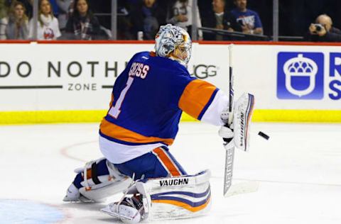 Vegas Golden Knights: New York Islanders goaltender Thomas Greiss (1) makes a blocker save against the Washington Capitals during the third period at Barclays Center. The Islanders won 3-2. Mandatory Credit: Andy Marlin-USA TODAY Sports