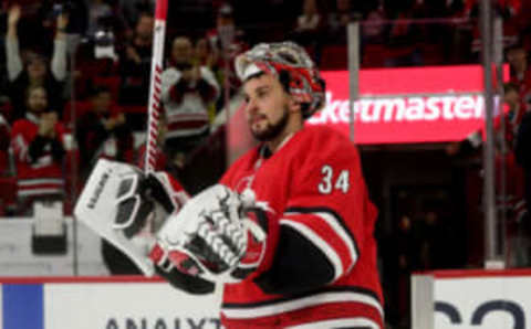 RALEIGH, NC – DECEMBER 16: Petr Mrazek #34 of the Carolina Hurricanes wins in a shut out, 3-0, over the Arizona Coyotes during an NHL game on December 16, 2018 at PNC Arena in Raleigh, North Carolina. (Photo by Gregg Forwerck/NHLI via Getty Images)