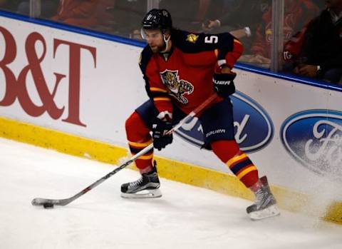 Feb 12, 2016; Sunrise, FL, USA; Florida Panthers defenseman Aaron Ekblad (5) skates with the puck in the first period against the St. Louis Blues in the first period at BB&T Center. Mandatory Credit: Robert Mayer-USA TODAY Sports