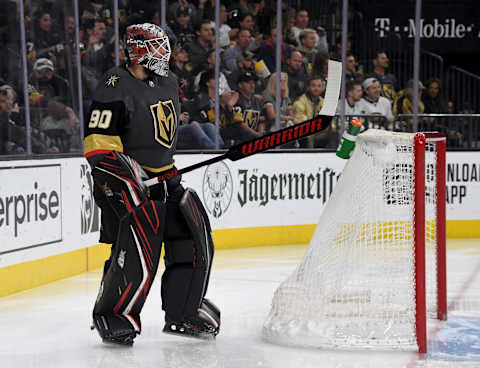 Robin Lehner #90 of the Vegas Golden Knights stands behind the net before playing his first game for the Golden Knights against the Buffalo Sabres at T-Mobile Arena on February 28, 2020. (Photo by Ethan Miller/Getty Images)