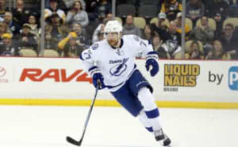 Tampa Bay Lightning defenseman Victor Hedman (77) moves the puck against the Pittsburgh Penguins third period at the PPG PAINTS Arena. (Charles LeClaire-USA TODAY Sports)