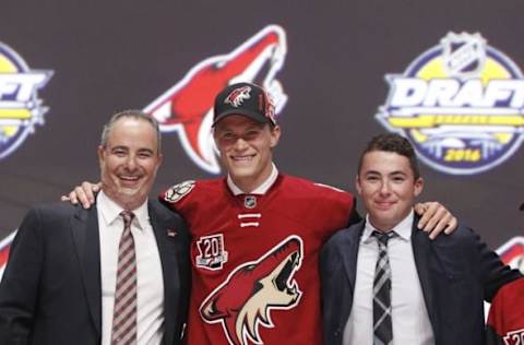 Jun 24, 2016; Buffalo, NY, USA; Jakob Chychrun poses for a photo after being selected as the number sixteen overall draft pick by the Arizona Coyotes in the first round of the 2016 NHL Draft at the First Niagra Center. Mandatory Credit: Timothy T. Ludwig-USA TODAY Sports