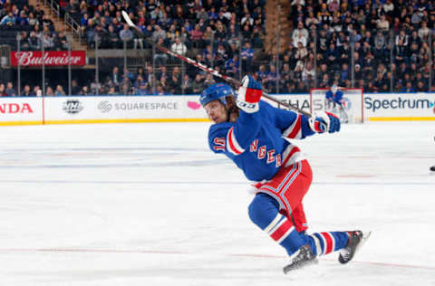 NEW YORK, NY – NOVEMBER 12: Artemi Panarin #10 of the New York Rangers shoots the puck against the Pittsburgh Penguins at Madison Square Garden on November 12, 2019 in New York City. (Photo by Jared Silber/NHLI via Getty Images)