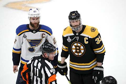 BOSTON, MASSACHUSETTS – JUNE 06: Alex Pietrangelo #27 of the St. Louis Blues and Zdeno Chara #33 of the Boston Bruins discuss the call with the referees during the third period in Game Five of the 2019 NHL Stanley Cup Final at TD Garden on June 06, 2019 in Boston, Massachusetts. (Photo by Patrick Smith/Getty Images)