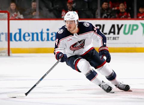 NEWARK, NEW JERSEY – OCTOBER 30: Cole Sillinger #34 of the Columbus Blue Jackets skates against the New Jersey Devils at the Prudential Center on October 30, 2022 in Newark, New Jersey. The Devils defeated the Blue Jackets 7-1. (Photo by Bruce Bennett/Getty Images)