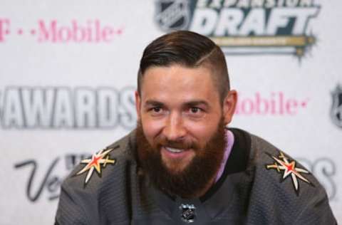 Jun 21, 2017; Las Vegas, NV, USA; Vegas Golden Knights player Deryk Engelland poses for a photo in the interview room during the 2017 NHL Awards and Expansion Draft at T-Mobile Arena. Mandatory Credit: Jerry Lai-USA TODAY Sports