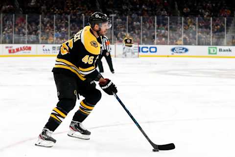 BOSTON, MA – DECEMBER 23: Boston Bruins center David Krejci (46) holds the puck on the power play during a game between the Boston Bruins and the Washington Capitals on December 23, 2019 at TD Garden in Boston, Massachusetts. (Photo by Fred Kfoury III/Icon Sportswire via Getty Images)