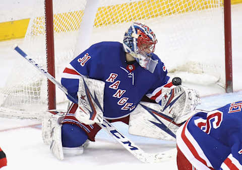 Igor Shesterkin #31 of the New York Rangers tends net against the New Jersey Devils