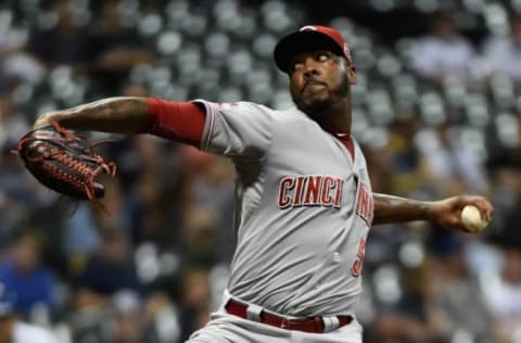 Sep 18, 2015; Milwaukee, WI, USA; Cincinnati Reds pitcher Chapman (54) pitches in the ninth inning to pick up a save against the Milwaukee Brewers at Miller Park. The Reds beat the Brewers 5-3. Mandatory Credit: Benny Sieu-USA TODAY Sports