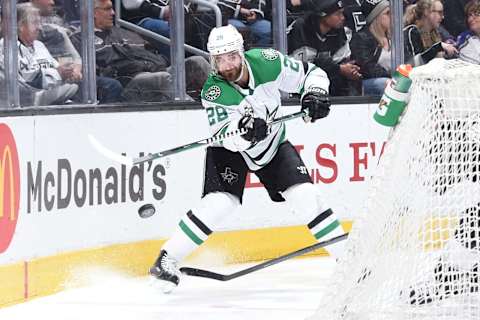 LOS ANGELES, CA – APRIL 7: Greg Pateryn #29 of the Dallas Stars clears the puck during a game against the Los Angeles Kings at STAPLES Center on April 7, 2018 in Los Angeles, California. (Photo by Adam Pantozzi/NHLI via Getty Images)