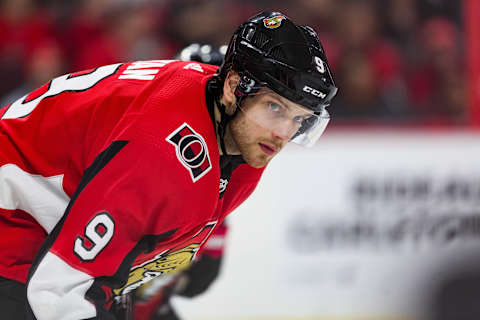 OTTAWA, ON – APRIL 06: Ottawa Senators Right Wing Bobby Ryan (9) prepares for a face-off during third period National Hockey League action between the Columbus Blue Jackets and Ottawa Senators on April 6, 2019, at Canadian Tire Centre in Ottawa, ON, Canada. (Photo by Richard A. Whittaker/Icon Sportswire via Getty Images)