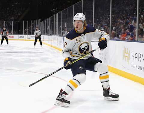 UNIONDALE, NEW YORK – MARCH 30: Alexander Nylander #92 of the Buffalo Sabres skates against the New York islanders at NYCB Live’s Nassau Coliseum on March 30, 2019 in Uniondale, New York. The Islanders defeated the Sabres 5-1. (Photo by Bruce Bennett/Getty Images)