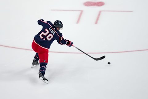 Oct 2, 2023; Columbus, Ohio, USA; Columbus Blue Jackets right wing Patrik Laine (29) passes the puck against the St. Louis Blues in the first period at Nationwide Arena. Mandatory Credit: Aaron Doster-USA TODAY Sports