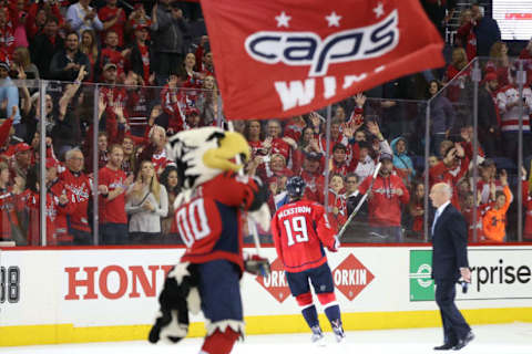 May 6, 2017; Washington, DC, USA; Fan cheer from the stands as Washington Capitals center Nicklas Backstrom (19) skates by after defeating the Pittsburgh Penguins 4-2 in game five of the second round of the 2017 Stanley Cup Playoffs at Verizon Center. Mandatory Credit: Geoff Burke-USA TODAY Sports