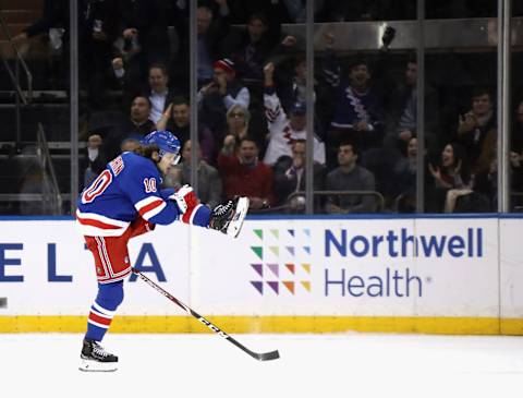 NEW YORK, NEW YORK – DECEMBER 16: Artemi Panarin #10 of the New York Rangers celebrates his goal at 17:18 of the third period against the Nashville Predators at Madison Square Garden on December 16, 2019 in New York City. The Predators defeated the Rangers 5-2. (Photo by Bruce Bennett/Getty Images)