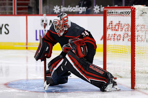 RALEIGH, NORTH CAROLINA – JANUARY 28: Petr Mrazek #34 of the Carolina Hurricanes   (Photo by Jared C. Tilton/Getty Images)