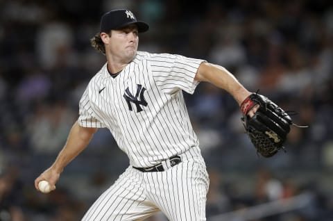 NEW YORK, NEW YORK – SEPTEMBER 07: Gerrit Cole #45 of the New York Yankees in action against the Minnesota Twins at Yankee Stadium on September 07, 2022 in the Bronx borough of New York City. The Yankees defeated the Twins 7-1. (Photo by Jim McIsaac/Getty Images)