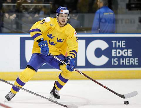 VICTORIA , BC – DECEMBER 31: Lucas Elvenes #23 of Sweden versus Kazakhstan at the IIHF World Junior Championships at the Save-on-Foods Memorial Centre on December 31, 2018 in Victoria, British Columbia, Canada. (Photo by Kevin Light/Getty Images)