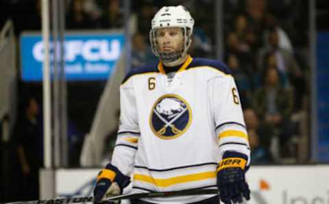 Mar 14, 2017; San Jose, CA, USA; Buffalo Sabres defenseman Cody Franson (6) prepares for the next play against the San Jose Sharks during the third period at SAP Center at San Jose. The San Jose Sharks defeated the Buffalo Sabres 4-1. Mandatory Credit: Stan Szeto-USA TODAY Sports