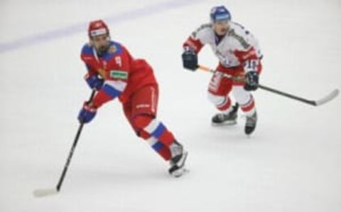 Russia’s Nikita Chibrikov (L) and Czech Republic’s Petr Kodytek during Euro Hockey Tour between Russia and Czech Republic on February 14, 2021, at Malmoe Arena in Sweden. (Photo by Andreas HILLERGREN / TT NEWS AGENCY / AFP) / Sweden OUT (Photo by ANDREAS HILLERGREN/TT NEWS AGENCY/AFP via Getty Images)