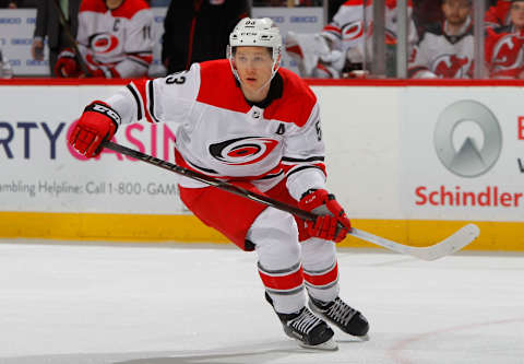 NEWARK, NJ – MARCH 27: Jeff Skinner #53 of the Carolina Hurricanes in action against the New Jersey Devils on March 27, 2018 at Prudential Center in Newark, New Jersey. The Devils defeated the Hurricanes 4-3. (Photo by Jim McIsaac/NHLI via Getty Images)