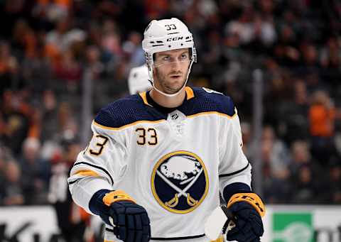 ANAHEIM, CALIFORNIA – OCTOBER 16: Colin Miller #33 of the Buffalo Sabres after a stop in play during a 5-2 Anaheim Ducks win at Honda Center on October 16, 2019 in Anaheim, California. (Photo by Harry How/Getty Images)