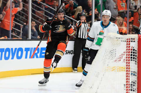 ANAHEIM, CA: Jakob Silfverberg #33 of the Anaheim Ducks reacts to scoring a goal as Justin Braun #61 of the San Jose Sharks looks on during the first period in Game Two of the 2018 Western Conference First Round on April 14, 2018. (Photo by Sean M. Haffey/Getty Images)