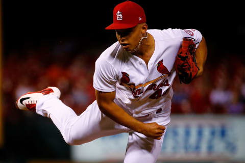 ST. LOUIS, MO – AUGUST 31: Jordan Hicks #49 of the St. Louis Cardinals pitches against the Cincinnati Reds in the eighth inning at Busch Stadium on August 31, 2018 in St. Louis, Missouri. (Photo by Dilip Vishwanat/Getty Images)